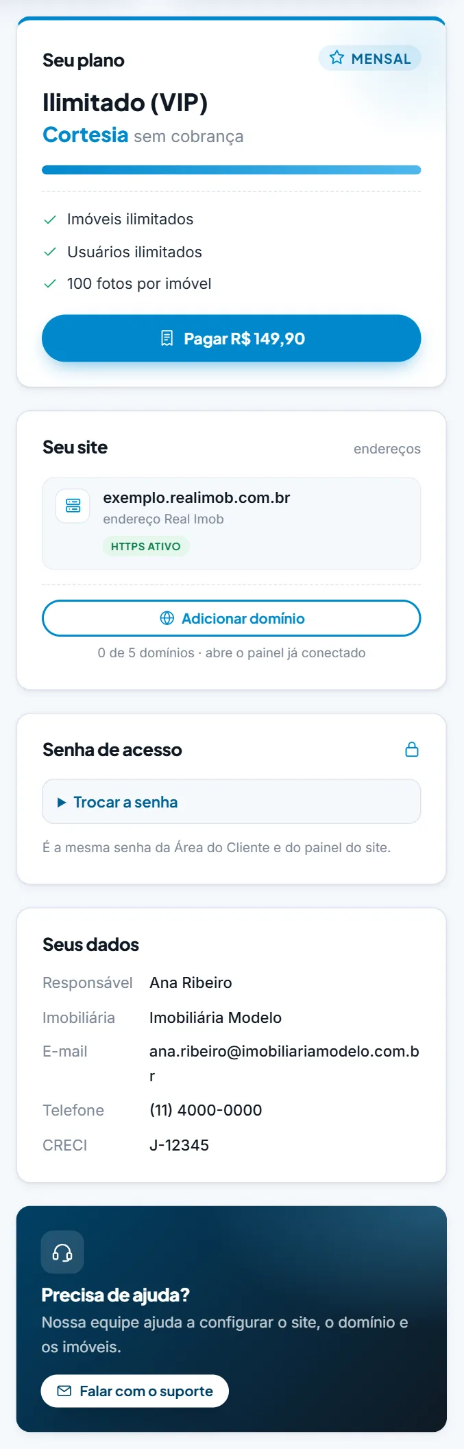 Plano, endereços, senha e dados