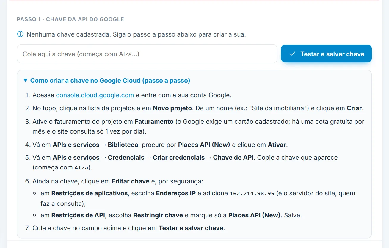 Passo 1: chave da API do Google