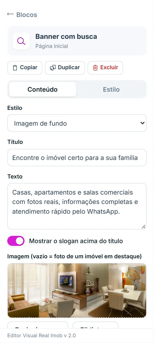 Opções do banner