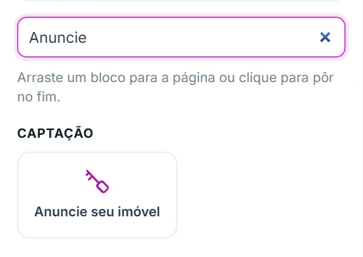 Aba "+ Adicionar": procurando o bloco Anuncie seu imóvel
