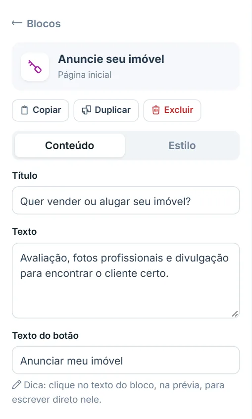 Opções do bloco Anuncie seu imóvel, aba Conteúdo