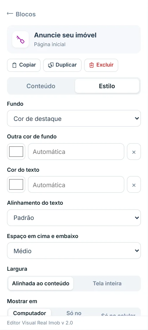 Aba Estilo do bloco Anuncie seu imóvel