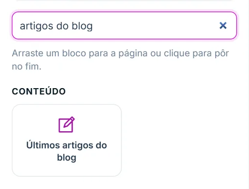 Aba "+ Adicionar" do Editor visual, com o bloco "Últimos artigos do blog" na lista