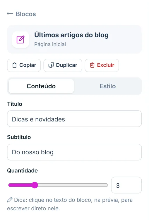 Painel de opções do bloco "Últimos artigos do blog", aba Conteúdo