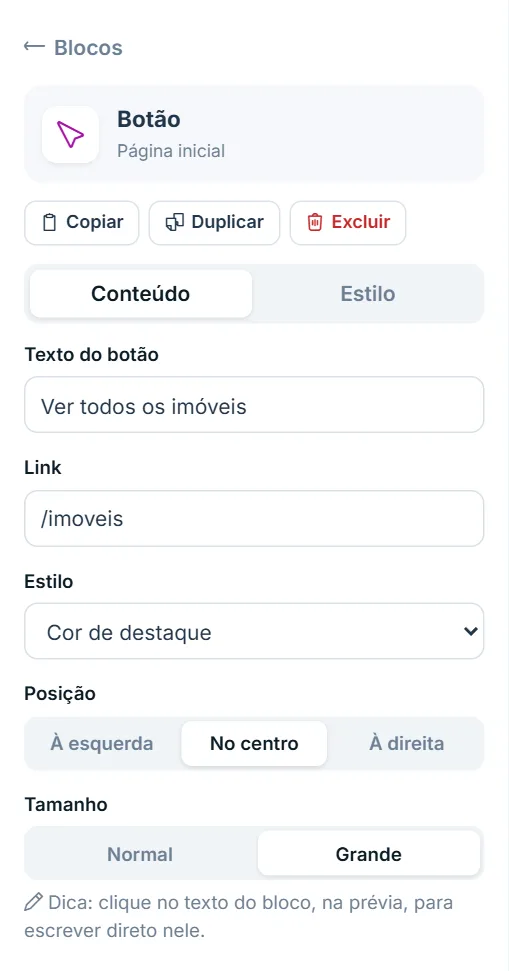 Opções do bloco Botão, aba Conteúdo