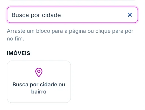 Aba "+ Adicionar" do Editor visual, com o bloco "Busca por cidade ou bairro" na lista