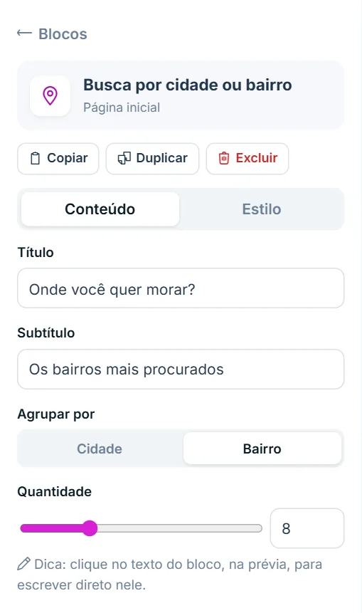 Painel de opções do bloco "Busca por cidade ou bairro", aba Conteúdo
