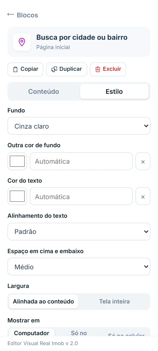 Painel de opções do bloco "Busca por cidade ou bairro", aba Estilo