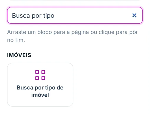 Aba "+ Adicionar" do Editor visual, com o bloco "Busca por tipo de imóvel" na lista