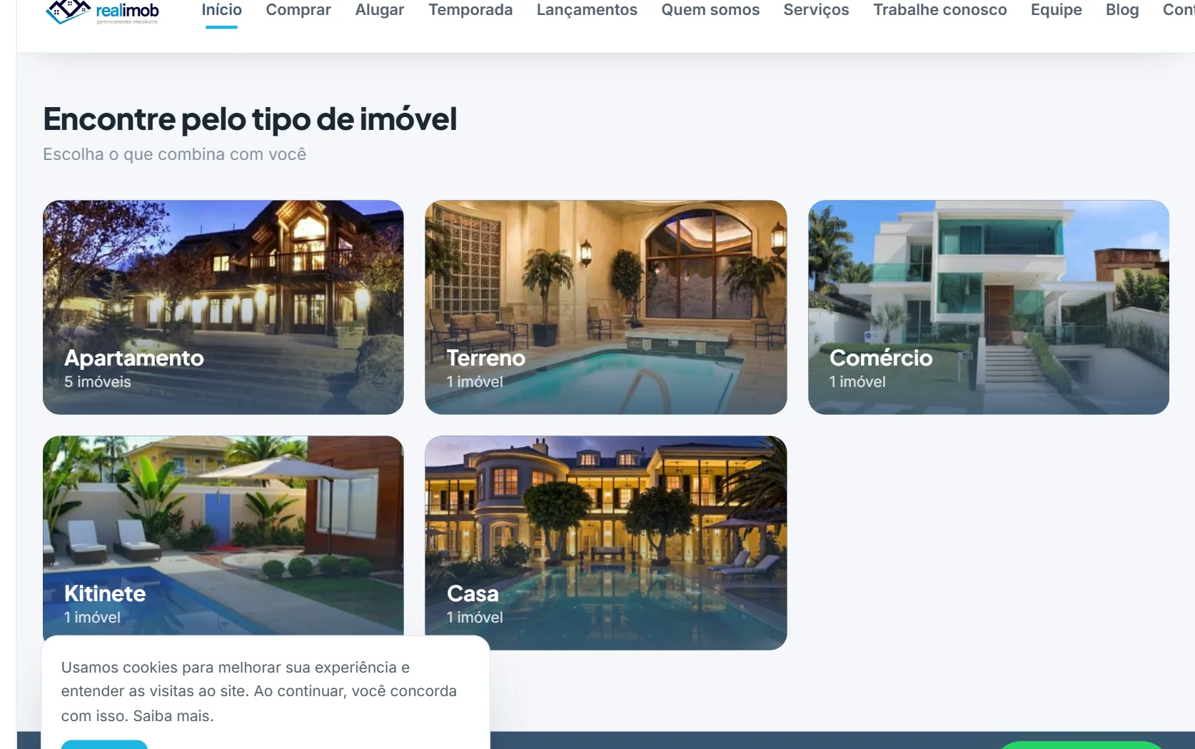 O bloco "Busca por tipo de imóvel" na prévia da página