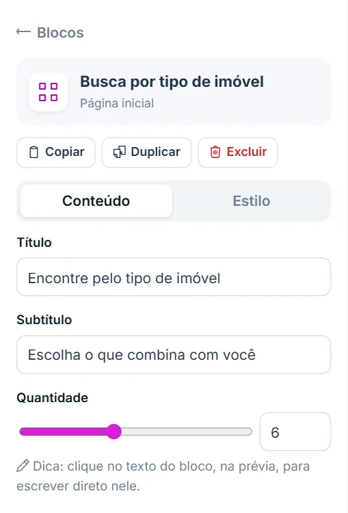 Painel de opções do bloco "Busca por tipo de imóvel", aba Conteúdo