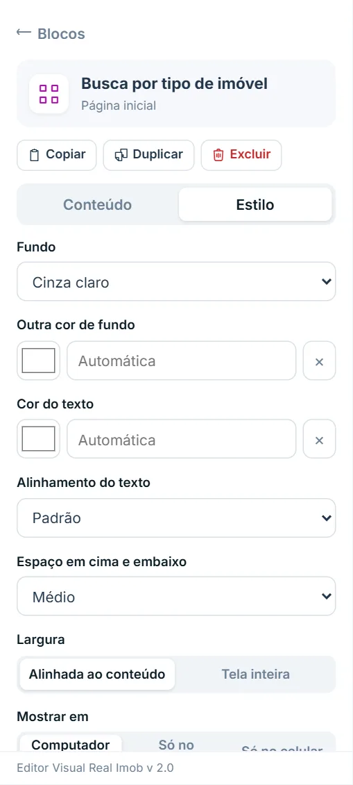 Painel de opções do bloco "Busca por tipo de imóvel", aba Estilo