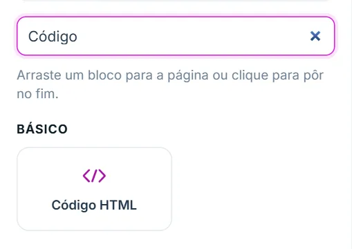 Aba "+ Adicionar": procurando o bloco Código HTML
