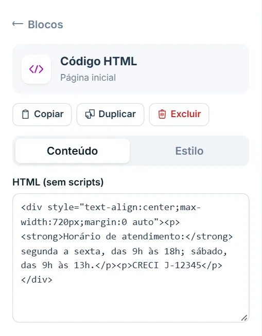 Opções do bloco Código HTML, aba Conteúdo