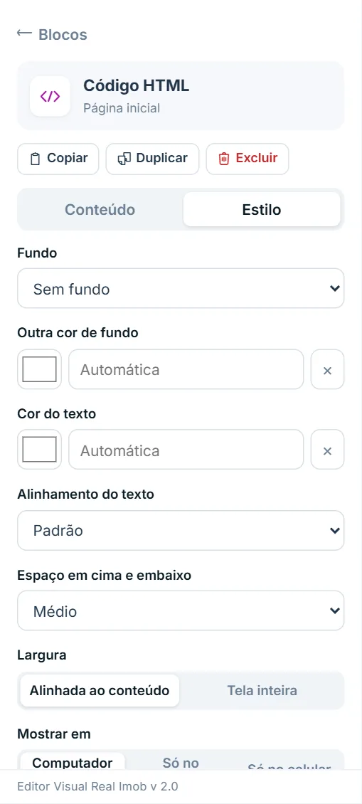 Aba Estilo do bloco Código HTML