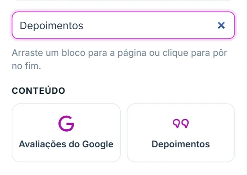 Aba "+ Adicionar" do Editor visual, com o bloco "Depoimentos" na lista