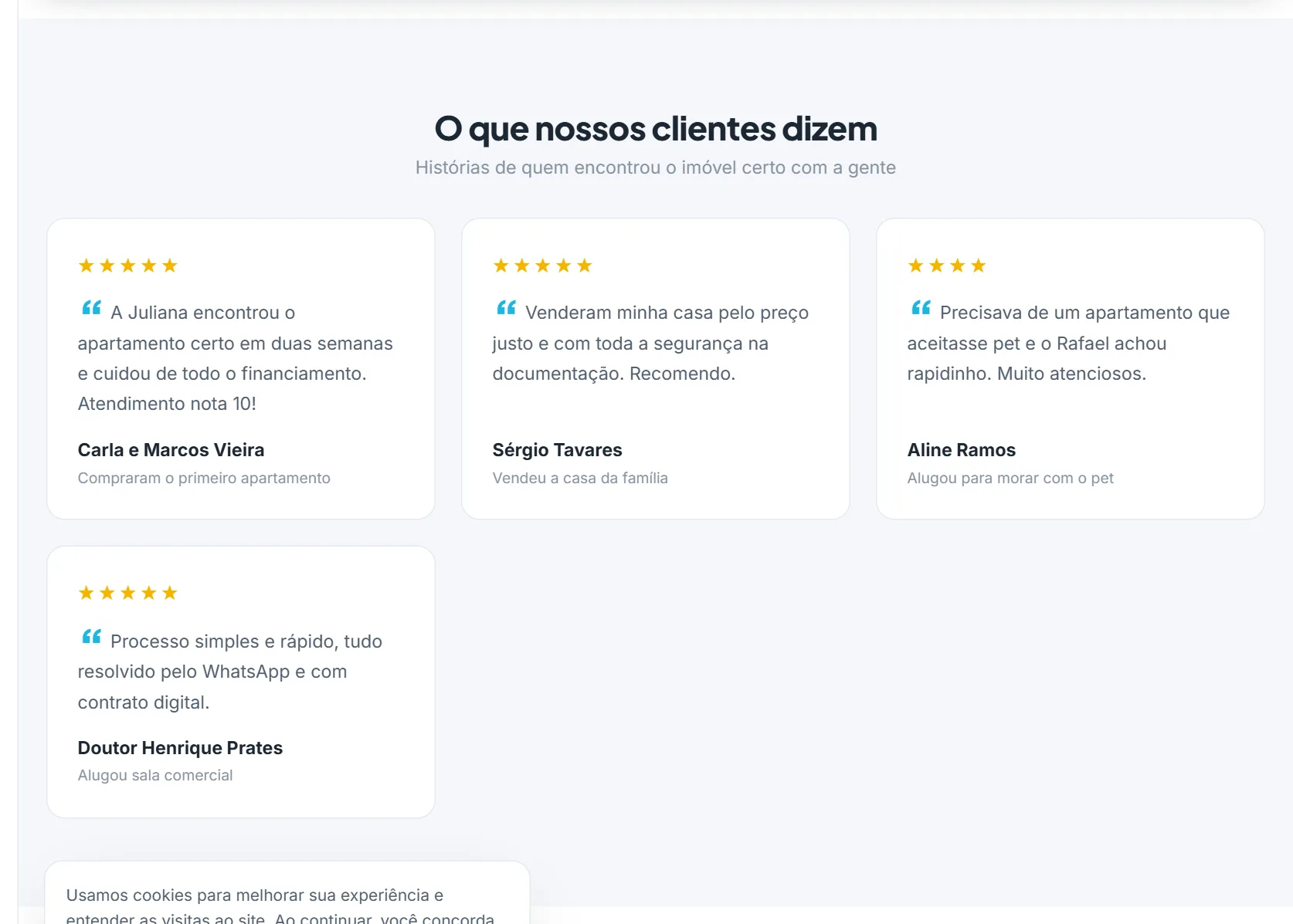 O bloco "Depoimentos" na prévia da página