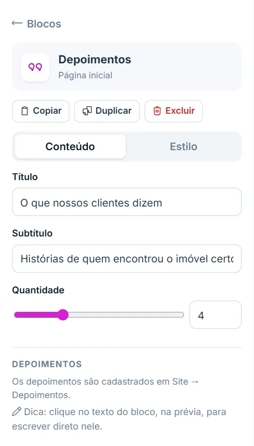 Painel de opções do bloco "Depoimentos", aba Conteúdo