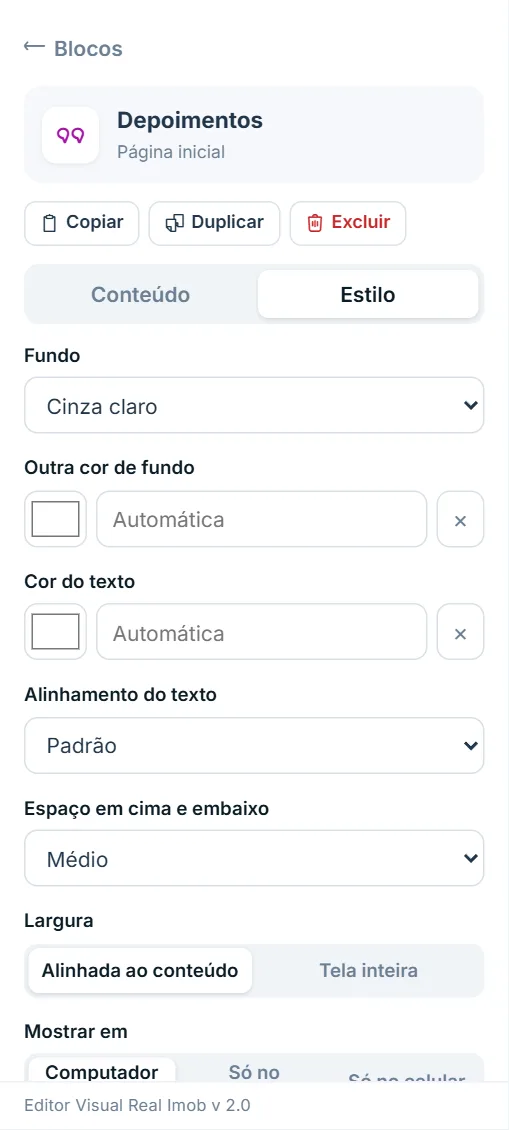 Painel de opções do bloco "Depoimentos", aba Estilo