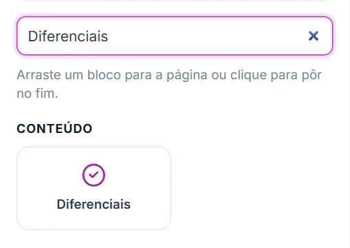 Aba "+ Adicionar" do Editor visual, com o bloco "Diferenciais" na lista