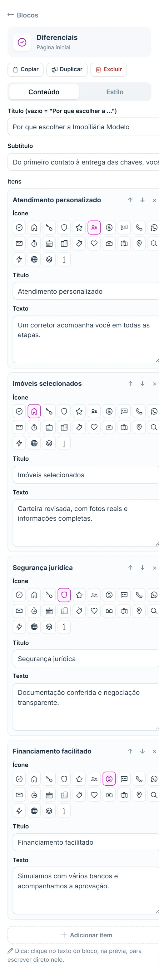 Painel de opções do bloco "Diferenciais", aba Conteúdo