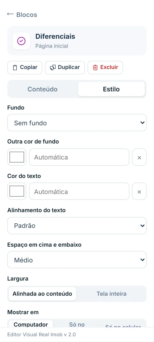 Painel de opções do bloco "Diferenciais", aba Estilo