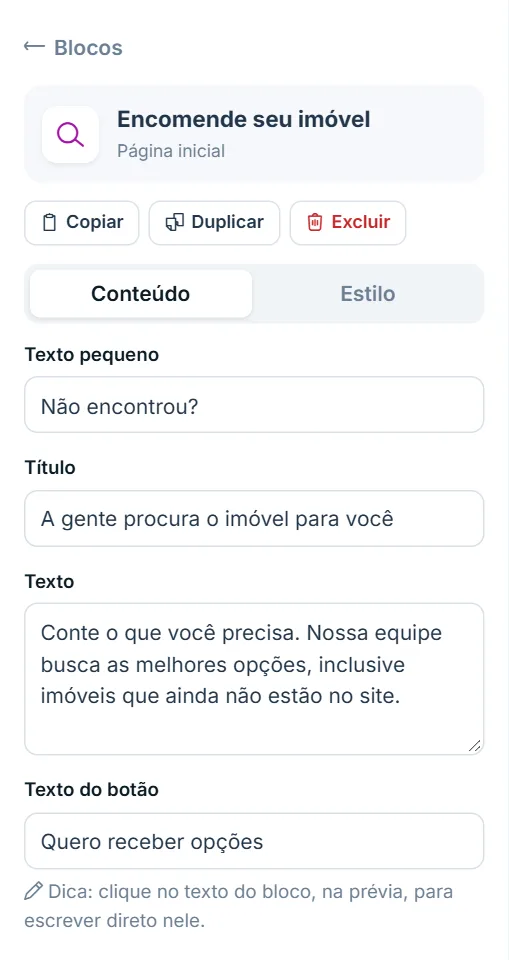 Opções do bloco Encomende seu imóvel, aba Conteúdo