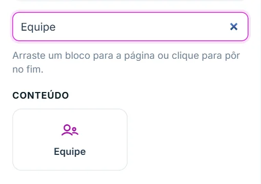 Aba "+ Adicionar" do Editor visual, com o bloco "Equipe" na lista