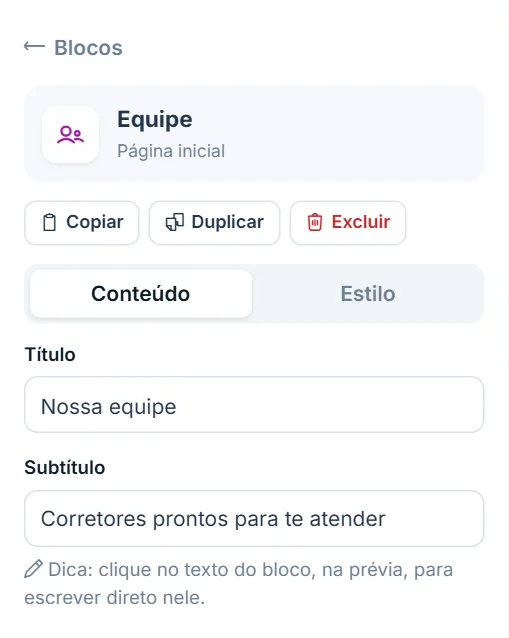 Painel de opções do bloco "Equipe", aba Conteúdo