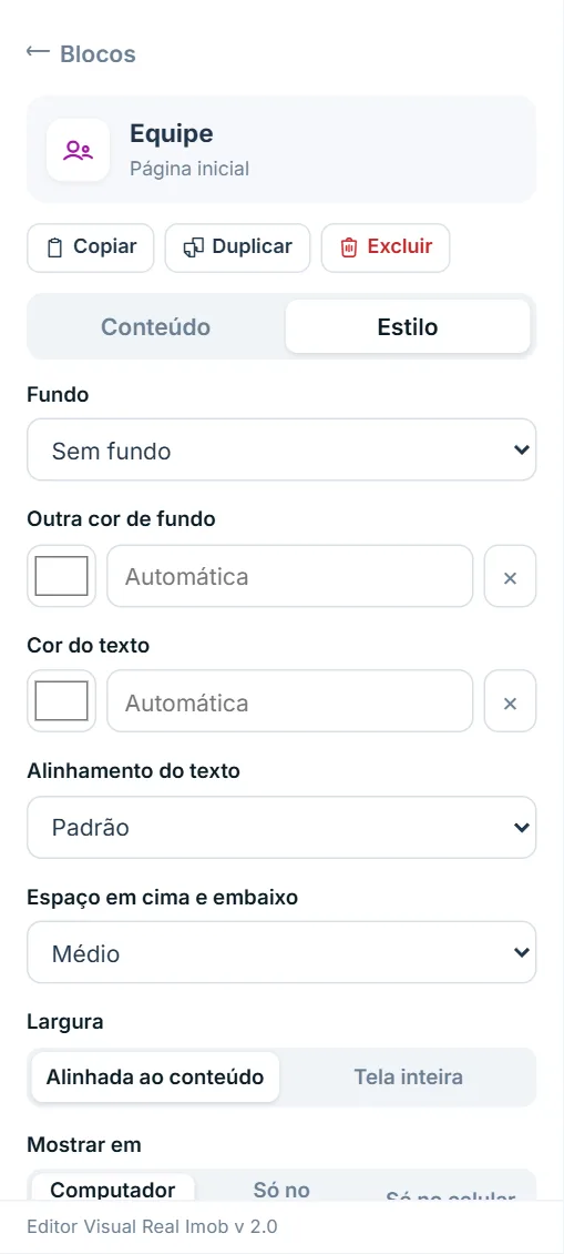 Painel de opções do bloco "Equipe", aba Estilo