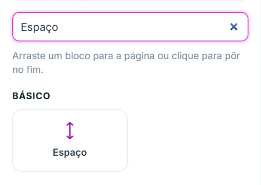 Aba "+ Adicionar": procurando o bloco Espaço