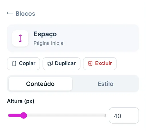Opções do bloco Espaço, aba Conteúdo