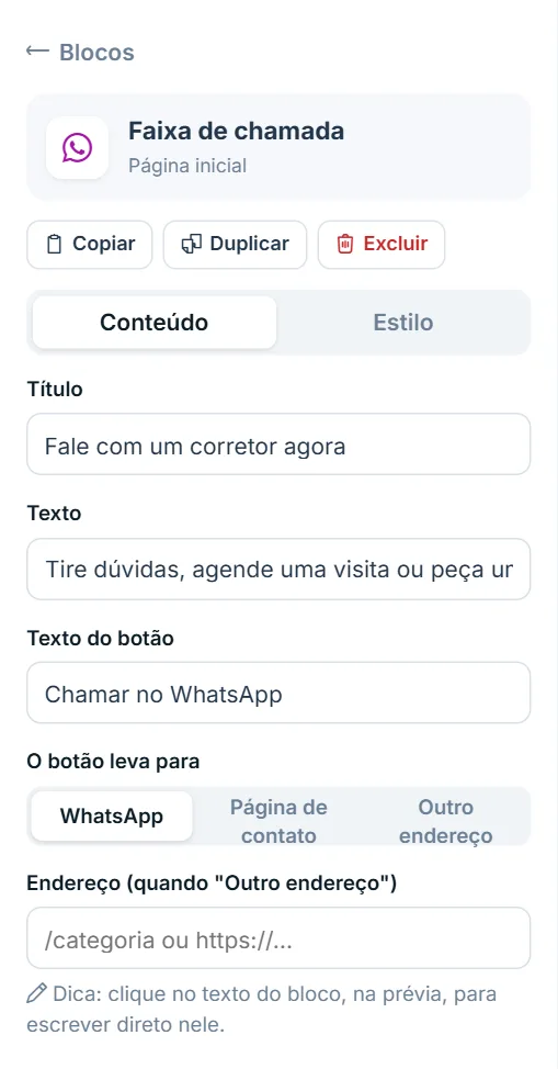 Opções do bloco Faixa de chamada, aba Conteúdo