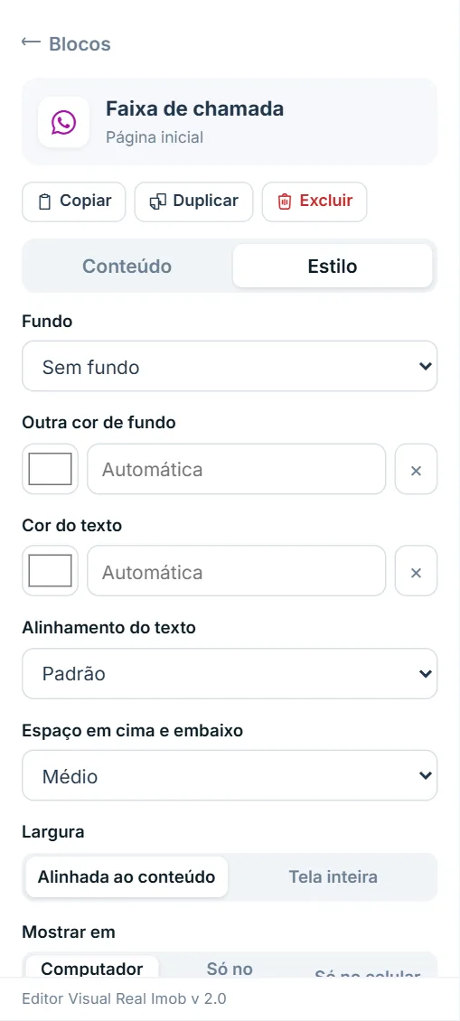 Aba Estilo do bloco Faixa de chamada