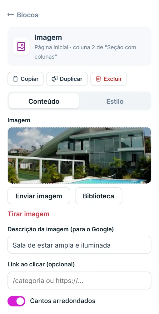 Opções do bloco Imagem, aba Conteúdo