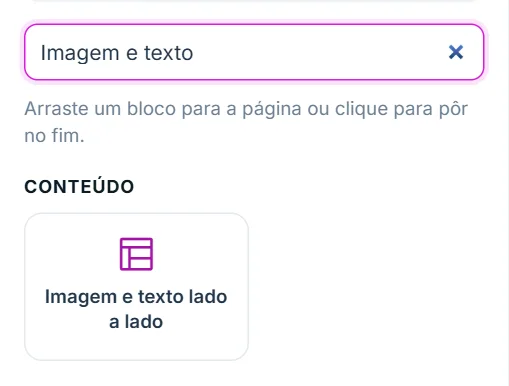 Aba "+ Adicionar" do Editor visual, com o bloco "Imagem e texto lado a lado" na lista