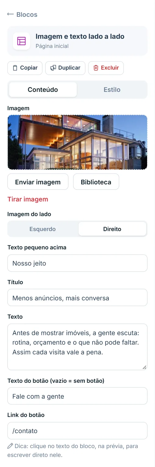 Painel de opções do bloco "Imagem e texto lado a lado", aba Conteúdo