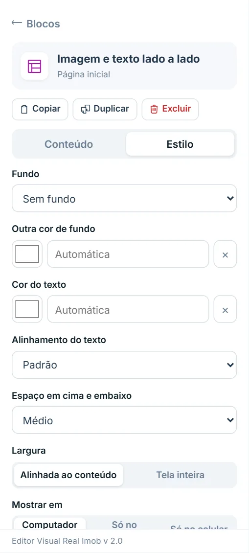 Painel de opções do bloco "Imagem e texto lado a lado", aba Estilo