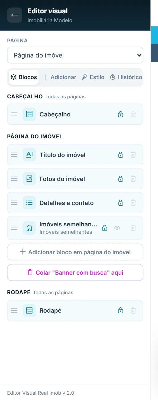 Seletor de página e lista de blocos da Página do imóvel