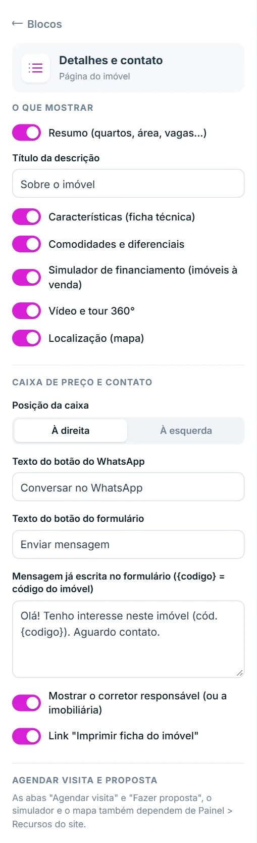 Opções do bloco Detalhes e contato