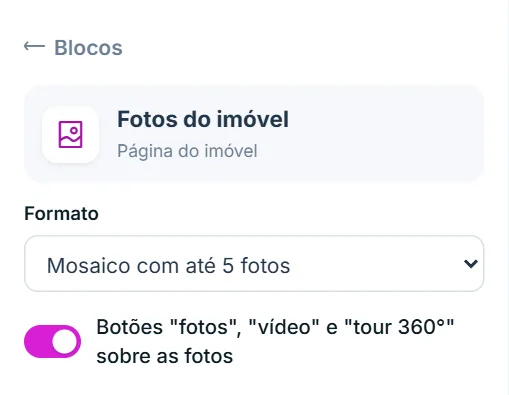 Opções do bloco Fotos do imóvel