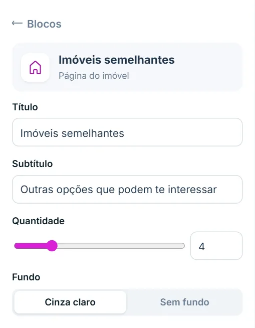 Opções do bloco Imóveis semelhantes