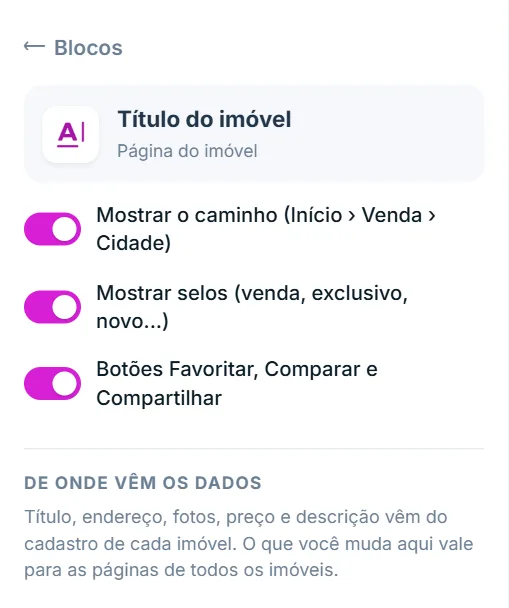 Opções do bloco Título do imóvel