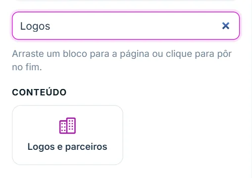 Aba "+ Adicionar": procurando o bloco Logos e parceiros