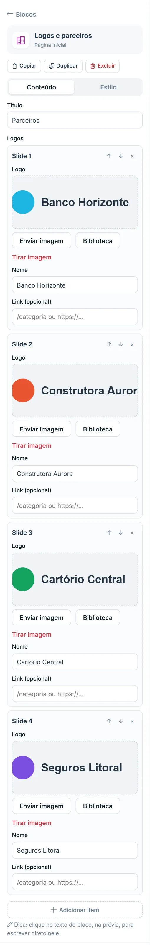 Opções do bloco Logos e parceiros, aba Conteúdo