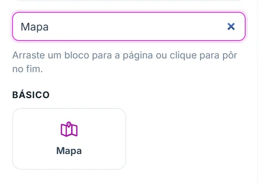 Aba "+ Adicionar": procurando o bloco Mapa