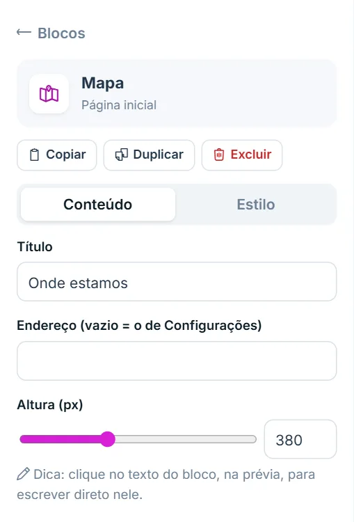 Opções do bloco Mapa, aba Conteúdo