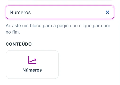 Aba "+ Adicionar" do Editor visual, com o bloco "Números" na lista