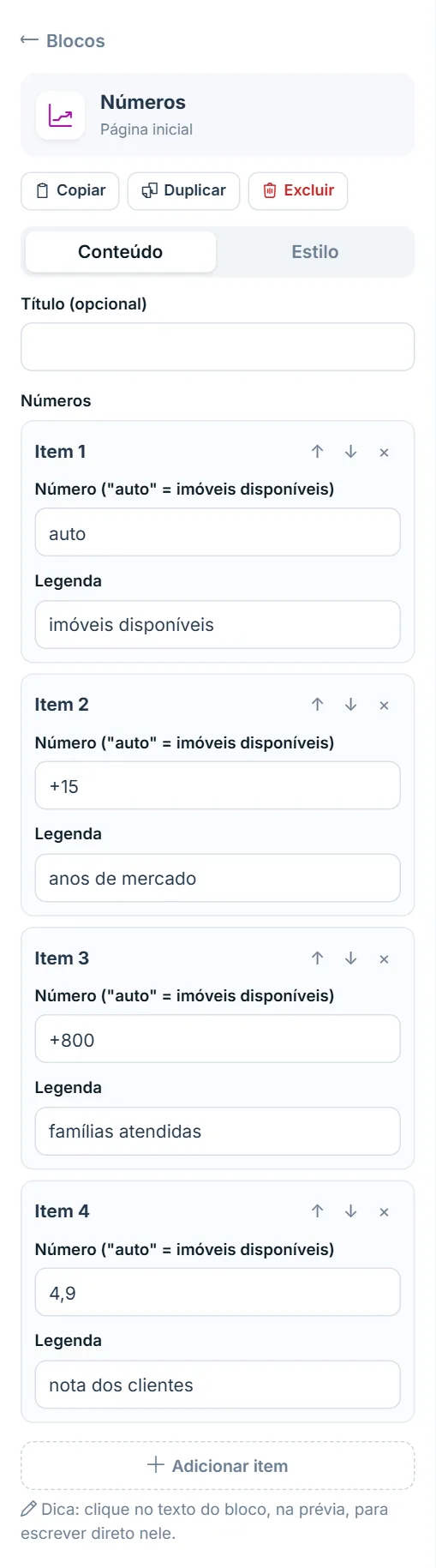 Painel de opções do bloco "Números", aba Conteúdo