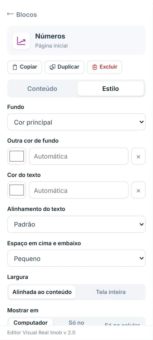 Painel de opções do bloco "Números", aba Estilo